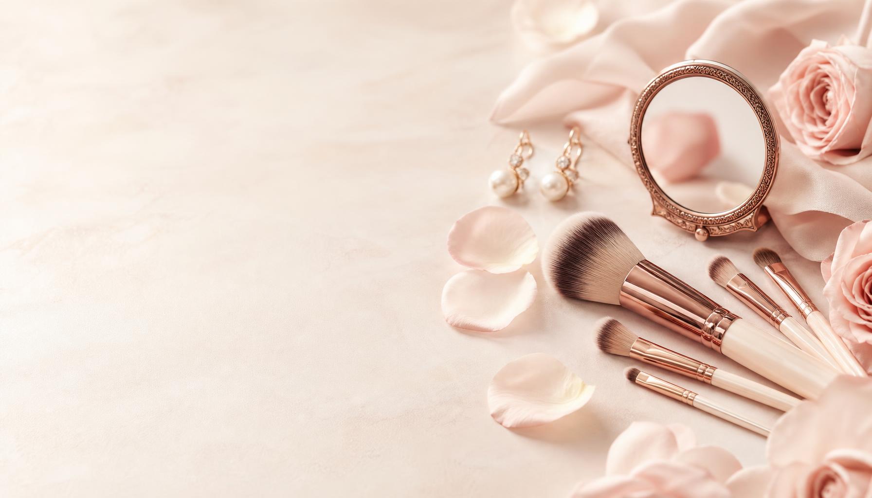Rose-gold makeup brushes, pearls, and blush roses arranged on a champagne backdrop
